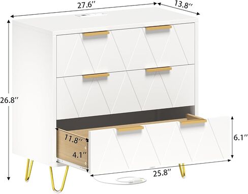 TVU 3 Drawer Wide Nightstand with Charging Station, 27.6 Inch Wood Nightstand for Bedroom, Living Room, White Dresser with Storage Drawers, Bedside Table with Metal Handle & Leg in Saudi Arabia
