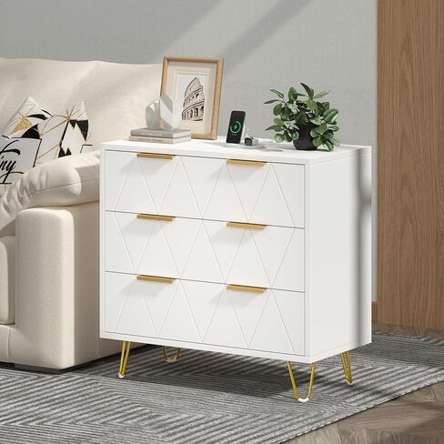 TVU 3 Drawer Wide Nightstand with Charging Station, 27.6 Inch Wood Nightstand for Bedroom, Living Room, White Dresser with Storage Drawers, Bedside Table with Metal Handle & Leg in Saudi Arabia