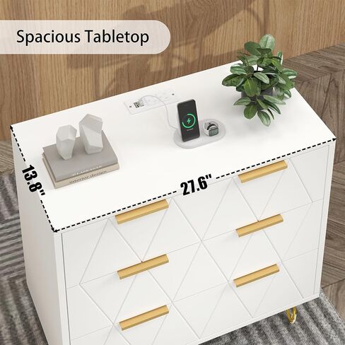 TVU 3 Drawer Wide Nightstand with Charging Station, 27.6 Inch Wood Nightstand for Bedroom, Living Room, White Dresser with Storage Drawers, Bedside Table with Metal Handle & Leg in Saudi Arabia