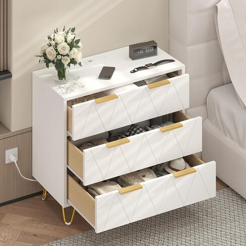 TVU 3 Drawer Wide Nightstand with Charging Station, 27.6 Inch Wood Nightstand for Bedroom, Living Room, White Dresser with Storage Drawers, Bedside Table with Metal Handle & Leg in Saudi Arabia
