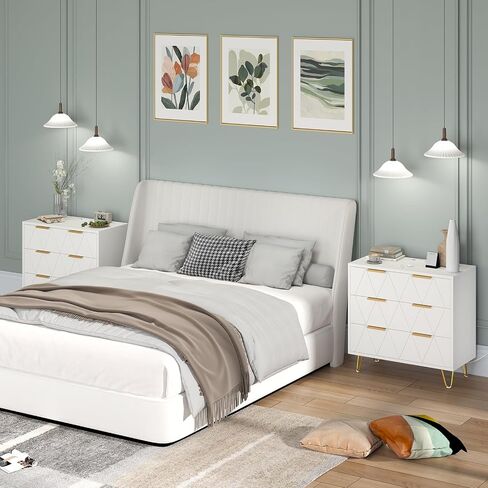 TVU 3 Drawer Wide Nightstand with Charging Station, 27.6 Inch Wood Nightstand for Bedroom, Living Room, White Dresser with Storage Drawers, Bedside Table with Metal Handle & Leg in Saudi Arabia