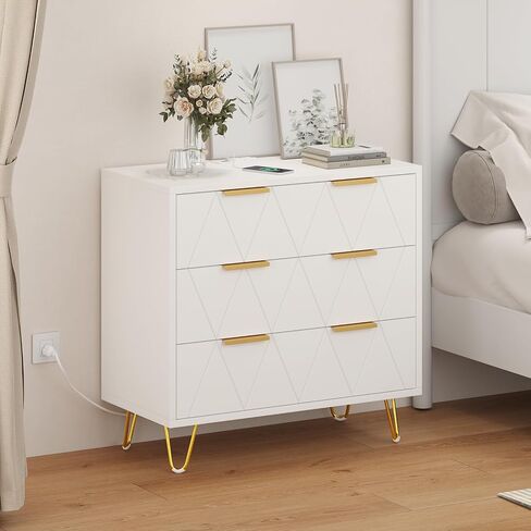 TVU 3 Drawer Wide Nightstand with Charging Station, 27.6 Inch Wood Nightstand for Bedroom, Living Room, White Dresser with Storage Drawers, Bedside Table with Metal Handle & Leg in Saudi Arabia