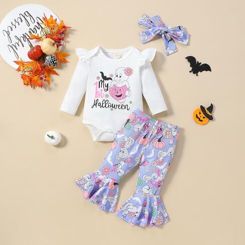 Goodplayer My First Halloween Baby Outfit الوليد طفلة جرس أسفل الزي هالوين مضيئة السراويل مجموعة عقال الملابس in Kuwait