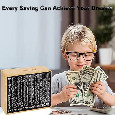 صندوق توفير المال الخشبي من Cash Vault، بنك العملات المعدنية الخنزير الخشبي، صندوق توفير نقدي لـ 10000 5000 3000 2000 1000 500 تحدي توفير المال، بنك المال للأطفال البالغين in Saudi Arabia