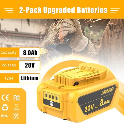 8.0Ah Replacement for Dewalt 20V Max Battery, Compatible with Dewalt 20V Battery Max XR DCB207 DCB206 DCB204 DCB201 DCB200 DCD/DCF/DCG Series 2PCS in Kuwait