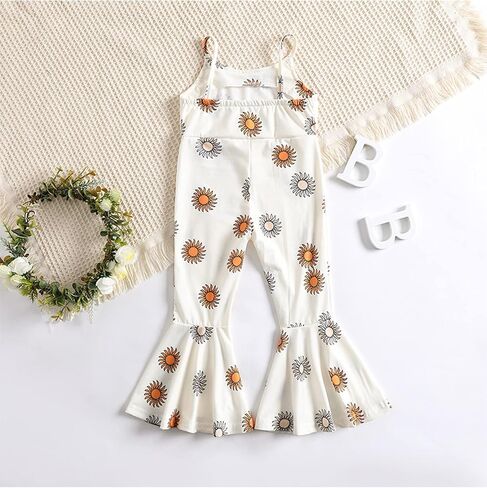 Emmababy Cow Print Baby Girl Bell Bottom Romper Toddler Floral Overalls Sleeveless Flare Jumpsuit Summer Clothes Western in Saudi Arabia