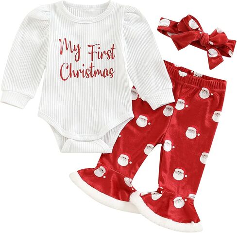 Baby Girl Santa Christmas Outfits Letter Long Sleeve Romper Tops+Bell Bottom Pants+Headband 3Pcs Clothes Set in Saudi Arabia