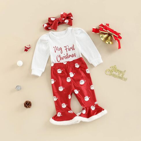 Baby Girl Santa Christmas Outfits Letter Long Sleeve Romper Tops+Bell Bottom Pants+Headband 3Pcs Clothes Set in Saudi Arabia