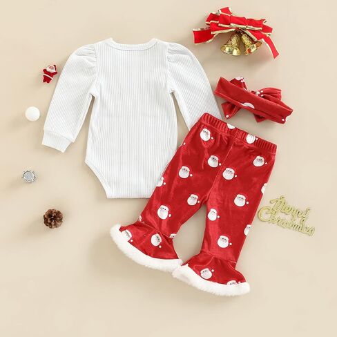 Baby Girl Santa Christmas Outfits Letter Long Sleeve Romper Tops+Bell Bottom Pants+Headband 3Pcs Clothes Set in Saudi Arabia