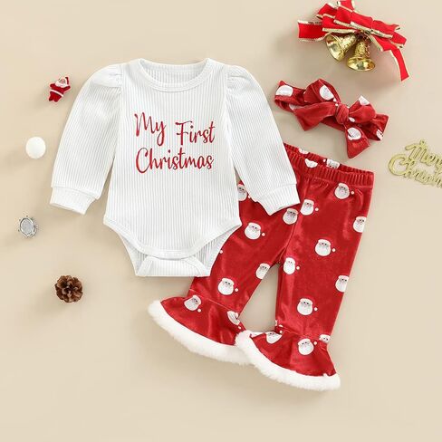 Baby Girl Santa Christmas Outfits Letter Long Sleeve Romper Tops+Bell Bottom Pants+Headband 3Pcs Clothes Set in Saudi Arabia