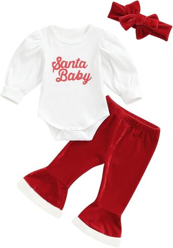 Baby Girl Santa Christmas Outfits Letter Long Sleeve Romper Tops+Bell Bottom Pants+Headband 3Pcs Clothes Set in Saudi Arabia