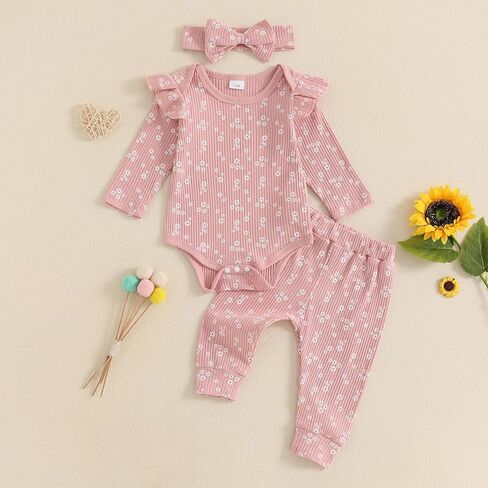 Baby Girl Fall Clothes Set Floral Print Long Sleeve Romper Pants Set Cute Infant Newborn Outfit 3 6 9 12 18 Months in Kuwait