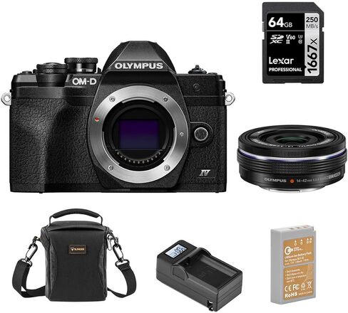 كاميرا Olympus OM-D E-M10 Mark IV مع عدسة M.Zuiko ED مقاس 14-42 مم F3.5-5.6 EZ، حزمة سوداء مع بطاقة SD سعة 64 جيجابايت، وحقيبة كتف، وبطارية إضافية، وشاحن ذكي in Kuwait