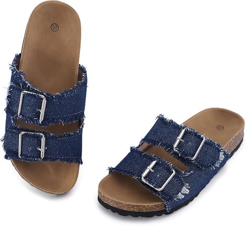 Women's Cork Footbed Sandal Slide, Adjustable Comfortable Summer Flat Shoes, Denim Comfy Shoes Size 7-10 in Saudi Arabia