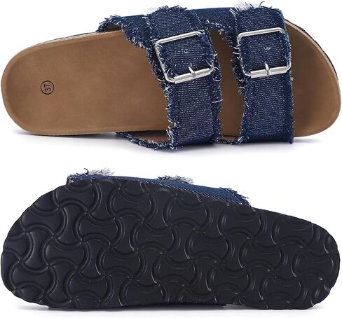 Women's Cork Footbed Sandal Slide, Adjustable Comfortable Summer Flat Shoes, Denim Comfy Shoes Size 7-10 in Saudi Arabia