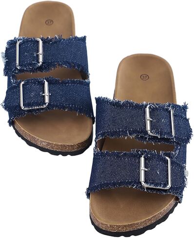 Women's Cork Footbed Sandal Slide, Adjustable Comfortable Summer Flat Shoes, Denim Comfy Shoes Size 7-10 in Saudi Arabia