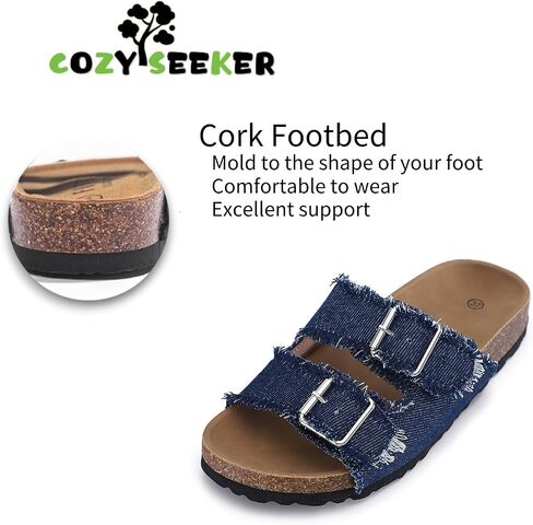 Women's Cork Footbed Sandal Slide, Adjustable Comfortable Summer Flat Shoes, Denim Comfy Shoes Size 7-10 in Saudi Arabia