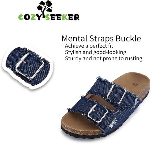 Women's Cork Footbed Sandal Slide, Adjustable Comfortable Summer Flat Shoes, Denim Comfy Shoes Size 7-10 in Saudi Arabia