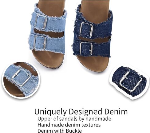 Women's Cork Footbed Sandal Slide, Adjustable Comfortable Summer Flat Shoes, Denim Comfy Shoes Size 7-10 in Saudi Arabia