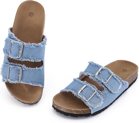Women's Cork Footbed Sandal Slide, Adjustable Comfortable Summer Flat Shoes, Denim Comfy Shoes Size 7-10 in Saudi Arabia
