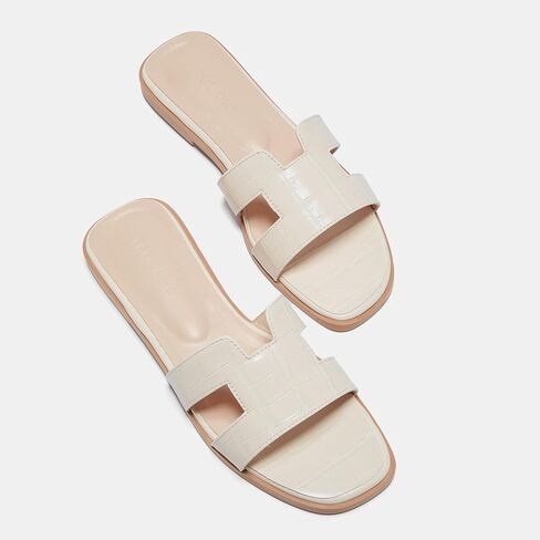 TRULAND H Strap Flat Slide Sandals for Women - Cute Fashion Open Square Toe Summer Dressy Sandals in Kuwait