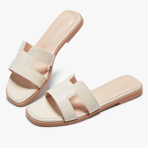 TRULAND H Strap Flat Slide Sandals for Women - Cute Fashion Open Square Toe Summer Dressy Sandals in Kuwait