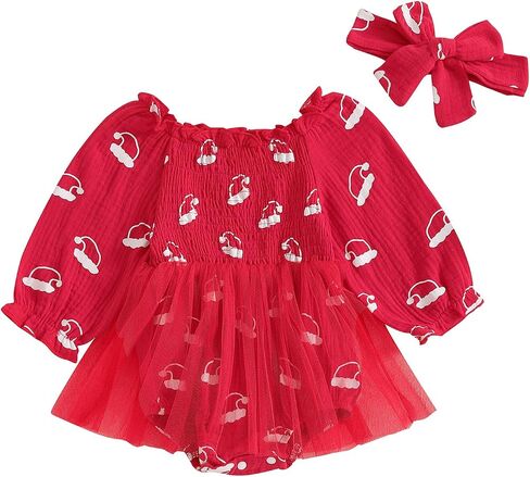 Baby Girl Christmas Romper Dress Puff Sleeve Christmas Tulle Dresses Newborn Infant Fall Winter Clothes Outfits in Saudi Arabia