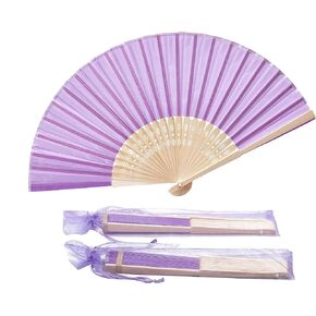 50pcs White Imitated Silk Fabric Bamboo Folded Hand Fan Bridal Dancing Props Church Wedding Gift Party Favors with gift bags
