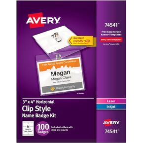 Avery Customizable Name Badges with Clips, 3" x 4", Clear Name Tag Holders with White Printable Inserts, 100 Clip Style Name Badges (74541), Pack of 5