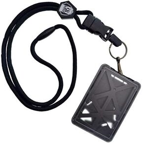 Specialist ID Vertical Top Load Three Card Badge Holder - Hard Plastic with Heavy Duty Breakaway Lanyard w Quick Release Metal Clip & Key Ring (One Holder / 3 Cards Inside) (Black)