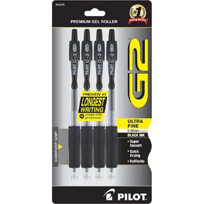 بايلوت، أقلام جل بريميوم جي 2، ذات نقطة دقيقة للغاية 0.38 مم، عبوة من 4 أقلام، أسود in Kuwait