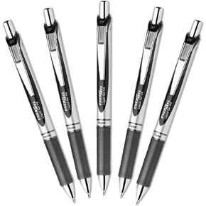 Pentel EnerGel Deluxe RTX Retractable 0.7mm Medium Line Metal Tip Liquid Gel Pen , Black Ink, 1 Set, 5 pens per set