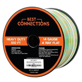 BEST CONNECTIONS 4 Way Bonded Flat Trailer Wire (100 Feet) 14 Gauge Single Conductor Cable Durable, Weatherproof, Color-Coded Trailer Wiring Harness