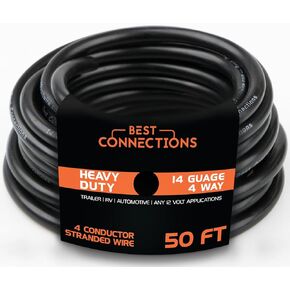 BEST CONNECTIONS 4 Way Trailer Wire (100 Feet) – Heavy Duty 14 Gauge 4 Conductor Insulated Cable – Durable, Weatherproof, Color-Coded 4 Way Trailer Wiring Extension for RV Trailer and Automotive