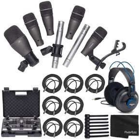 Samson DK707 7-Piece Drum Microphone Kit SR970 Professional Studio Headphones + 7X XLR Mic Cable 10 ft. + 7X Rip Tie Cable Tie + Photo4Less Black Cleaning Cloth – Deluxe Accessory Bundle