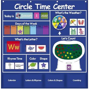 Auchq Circle Time Learning Center Pocket Chart, Heavy-Duty Kids Calendar for Classroom, Educational Pocket Chart Learning Calendar Weather Letter Counting Rhyme Color Shape (Blue)