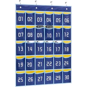 MISSLO Classroom Cell Phone Calculator Holder Numbered 30 Pockets Chart Hanging Wall Door Storage Organizer (Blue)