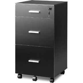 DEVAISE 3 Drawer Rolling File Cabinet with Lock, Wood Filing Cabinet fits Letter / A4 Size for Home Office, Black