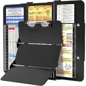 Nursing Clipboard Foldable, Foldable Clipboard w/Nursing Edition Cheat Charts, 3 Layers Aluminum, Nurse Clipboard w/Low Profile Clip&Pen Clip Pocket Clipboard for Students, Nurses and Doctors, Black