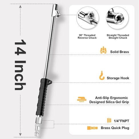 14" Extended Reach Dual Head Air Chuck, 2-Way Connection 1/4" FNPT Straight Lock On Tire Inflate Chuck, Tire Chuck with Standard Quick Plug, Air Compressor Fill Kit for Truck RV Semi Dually Tires in Saudi Arabia