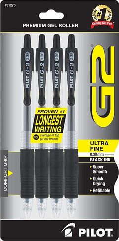 Pilot, G2 Premium Gel Roller Pens, Ultra Fine Point 0.38 mm, Pack of 4, Black in Kuwait