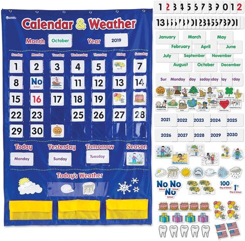 Learning Resources Calendar & Weather Pocket Chart - Classroom Calendar, Calendar and Weather Chart for Classroom, Teacher and Back to School Supplies in Kuwait