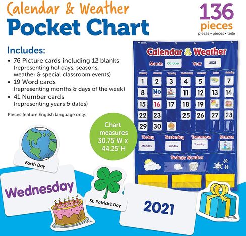Learning Resources Calendar & Weather Pocket Chart - Classroom Calendar, Calendar and Weather Chart for Classroom, Teacher and Back to School Supplies in Kuwait