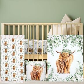 Baby Highland Cow Crib Bedding Set 3 Pcs Eucalyptus Leaf Highland Cow Baby Blanket, Sheet, Pillowcase Soft Flannel Nursery Bedding for Standard Crib and Toddler Mattress Newborns Gifts in Kuwait