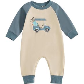 Newborn Baby Boy Golf Outfits Golf Cart Embroidery Long Sleeve Round Neck Jumpsuit Infant Fall Photoshoot Clothes
