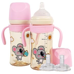 Anti-Colic Baby Bottle, 9 oz, Weighted Straw Baby Bottle with Straw Spill Proof, Breakproof Tritan Sippy Cups with Handle, Suitable for Babies 6+ Months, 1 Cup with 2 Nipples (2 pk)