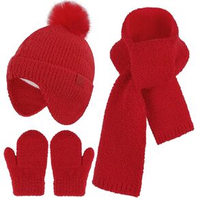 Toddler Kids Winter Hats Mittens Gloves Scarf Warm Ear Flaps Baby Beanie for 0-6 12 Months 1 2 3 4 Year Old Girls Boys Gifts