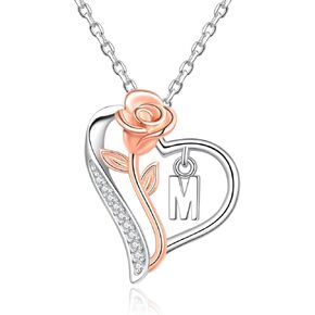 JXJL Rose Flower Pendant Necklace Sterling Silver Heart Romantic Beauty&Beast Princess Mothers Day Valentine Christmas Birthday Gift Jewelry for Women Teen Girls