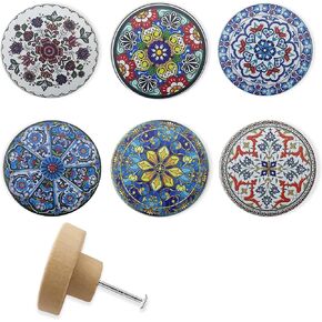 Set of 6 Wooden Cabinet Knob Vintage Painted Boho Kitchen Furniture Drawer Knobs 1.8 x 1.8 Inches