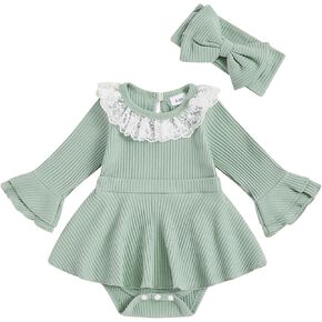VISGOGO Infant Girl Rompers Dress Lace Ruffles Rib Knit Houndstooth Skirt Hem Jumpsuits Newborn Clothes Bodysuits Headband